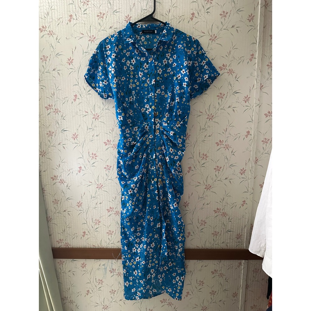Womens Blue Floral Midi Dress Short Sleeve Button Up size S cottagecore milkmaid